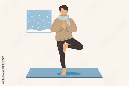 Indoor winter yoga tree pose on a mat with scarf and sweater for home wellness background and mindfulness exercise banner or poster design