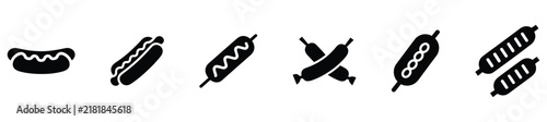 Set of various hot dog and sausage vector icons in solid black style