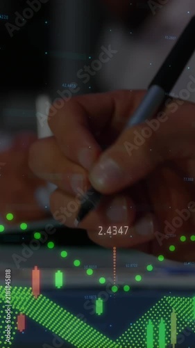 Animation of graphs with changing numbers over caucasian coworkers discussing and writing in notepad