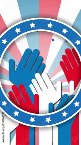 Raising hands in red, white, and blue over stars and stripes animation