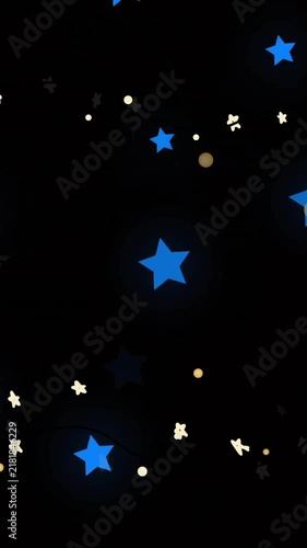 Blue stars and golden particles animation on black background, sparkling and glowing