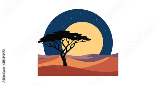 Bild auf Leinwand Savanna landscape with acacia tree and golden moon vector illustration