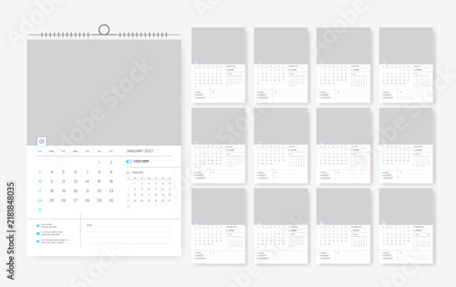 12 page calendar design for 2027 year, 2027 corporate calendar template