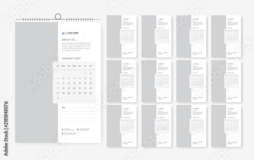 12 page calendar design for 2027 year, 2027 corporate calendar template