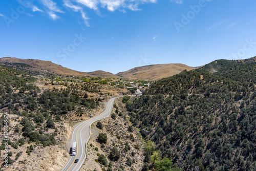 Fotografie Flying above Austin Nevada along Highway 50 known as  The Loneliest Road in America during summer