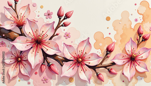 Pink cherry blossoms on a branch with soft watercolor background  