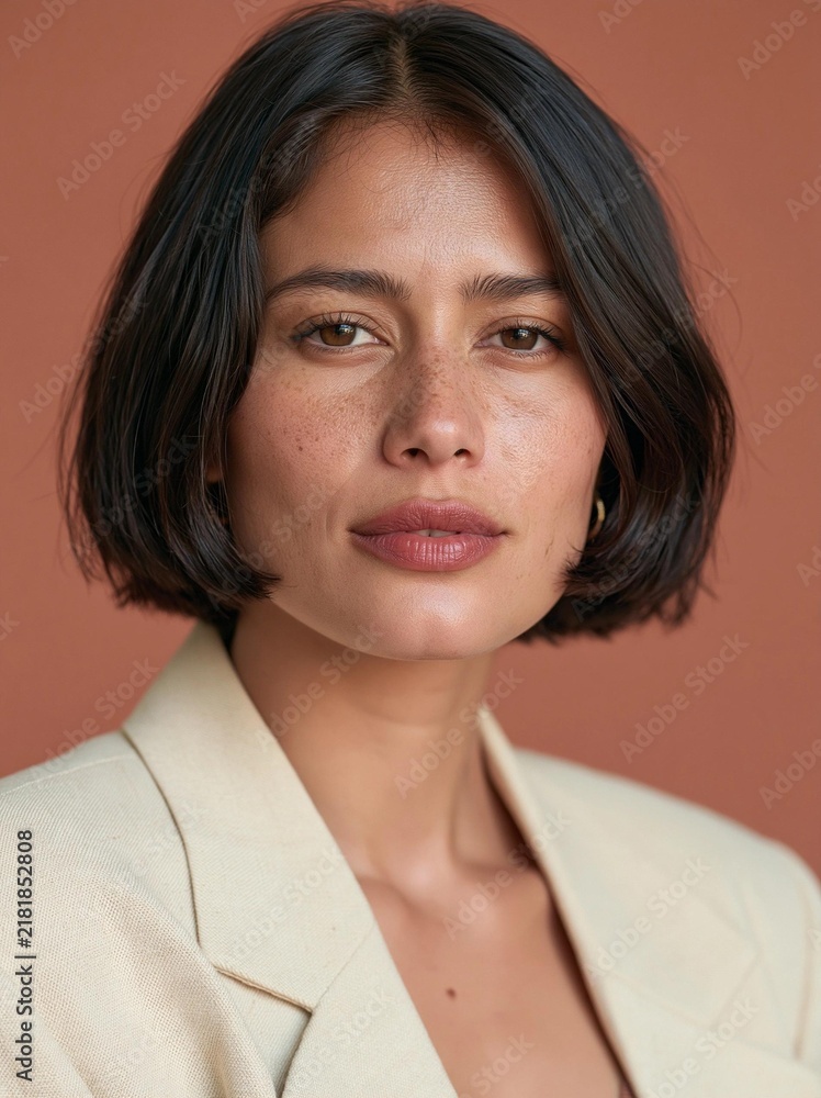 Fototapeta premium Close-up portrait of a young woman's face. she has shoulder-length dark hair that is styled in a bob cut with bangs. her makeup is natural-looking with a hint of pink lipstick.