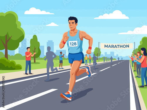 Energetic Male Runner Competes In A City Marathon Event