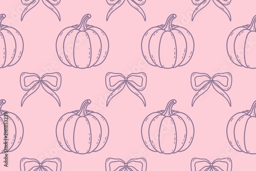 Coquette seamless pattern with pumpkin and bow outlines on a pink background
