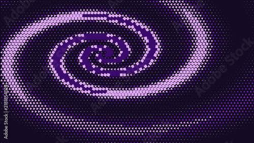 Abstract background, featuring a spiral, pattern created with, small light purple, dots and geometric, shapes on a, dark purple black background
