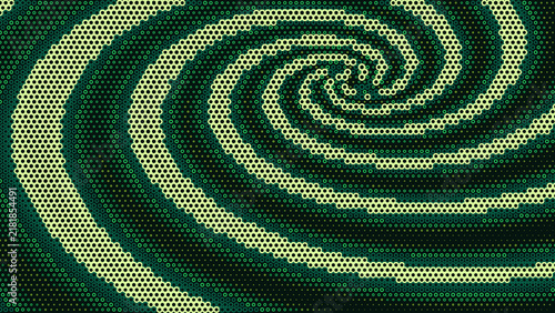 Green halftone spiral background, with swirling ring, pattern, dark emerald, circular vortex abstract, geometric radial motion texture