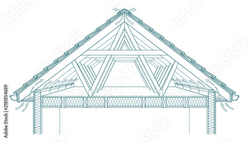 Architectural roof truss blueprint vector for residential construction planning.