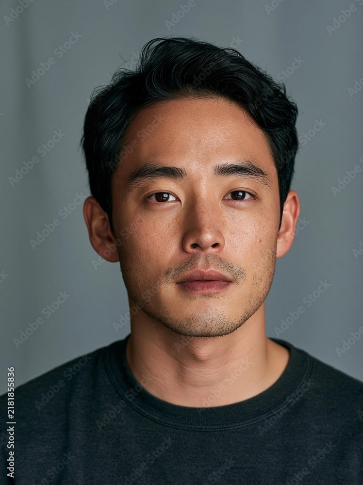 Fototapeta premium Close-up portrait of a young asian man's face. he is looking directly at the camera with a serious expression.