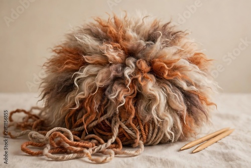Textured Yarn Ball with Knitting Needles on a Linen Surface ai generated