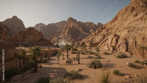 Rocky Desert Landscape With Palm Trees During the Day and Mountain Backdrop