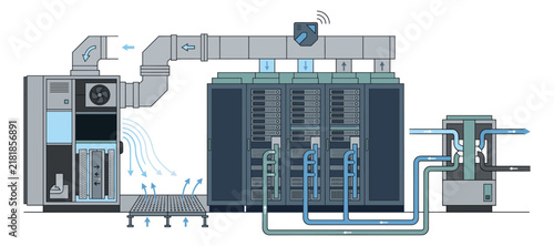 Data center cooling system vector illustration showing airflow management hardware.