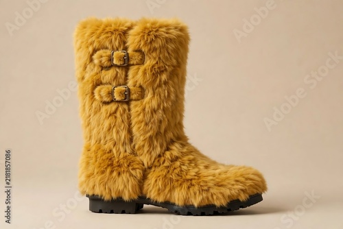 Cozy Yellow Faux Fur Winter Boot with Buckle Detail on a Neutral Background ai generated