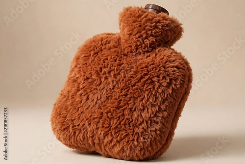 Cozy Brown Fuzzy Hot Water Bottle with Stopper on Neutral Background ai generated