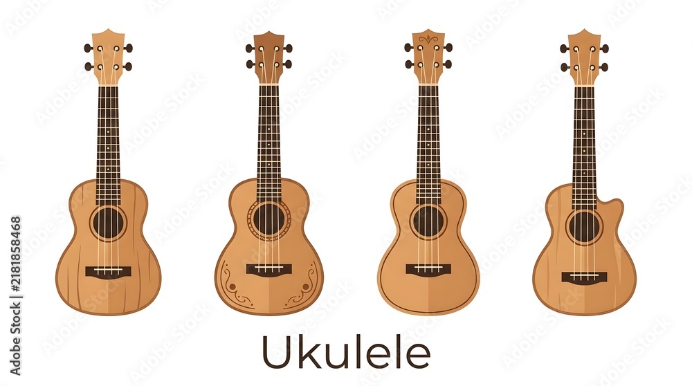 Obraz premium Collection of Four Wooden Ukuleles Isolated on White Background with Musical Instrument Label