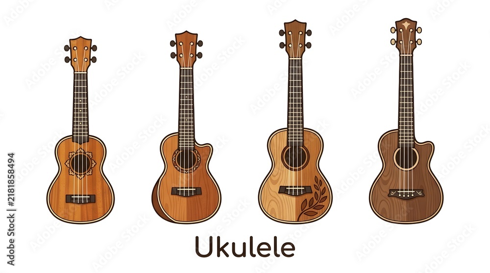 Obraz premium Collection of Four Wooden Ukuleles Isolated on White Background with Musical Instrument Label