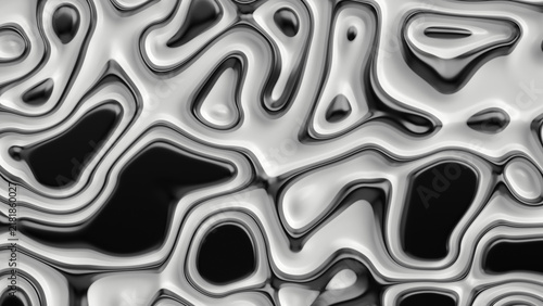 Monochrome 3D texture of flowing liquid chrome with dark recesses.