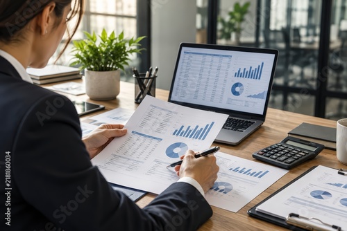 Professional woman reviewing business reports and financial charts on paper and laptop, analyzing performance data in a modern office.