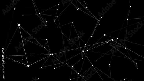 Minimalist white geometric plexus network on black background.