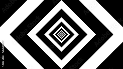 Black and white optical illusion tunnel of concentric geometric diamonds.
