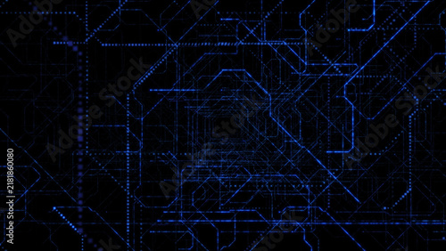 Digital high-tech circuit board tunnel with glowing blue data lines.