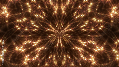 Golden glowing laser light kaleidoscope mandala pattern on dark background.