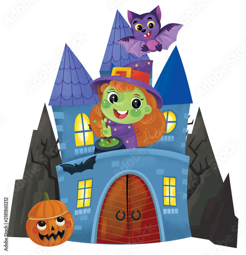 cartoon scene with halloween castle and funny scary creatures isolated illustration for children