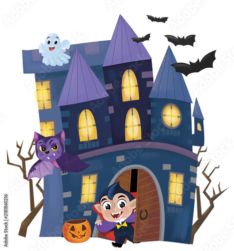 cartoon scene with halloween castle and funny scary creatures isolated illustration for children