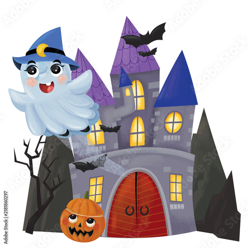 cartoon scene with halloween castle and funny scary creatures isolated illustration for children