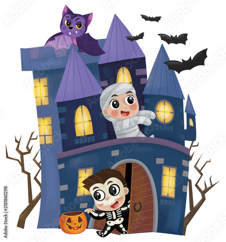 cartoon scene with halloween castle and funny scary creatures isolated illustration for children