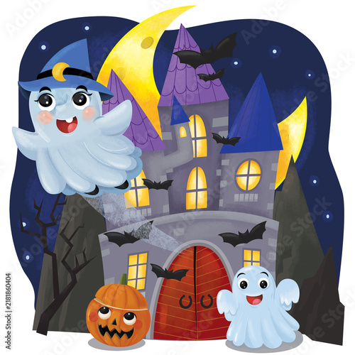 cartoon scene with halloween castle and funny scary creatures isolated illustration for children