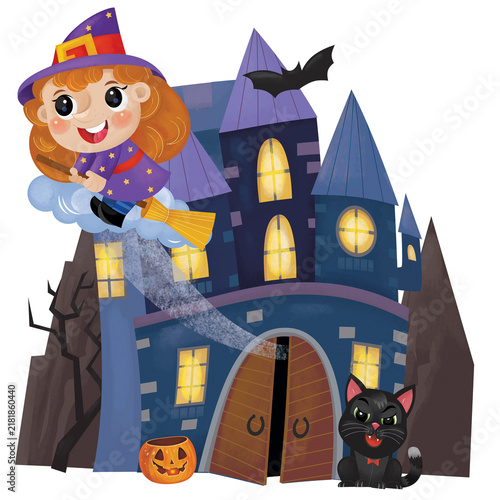 cartoon scene with halloween castle and funny scary creatures isolated illustration for children