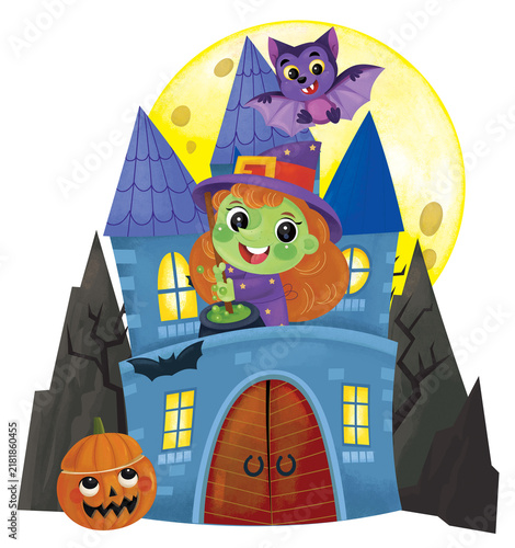 cartoon scene with halloween castle and funny scary creatures isolated illustration for children