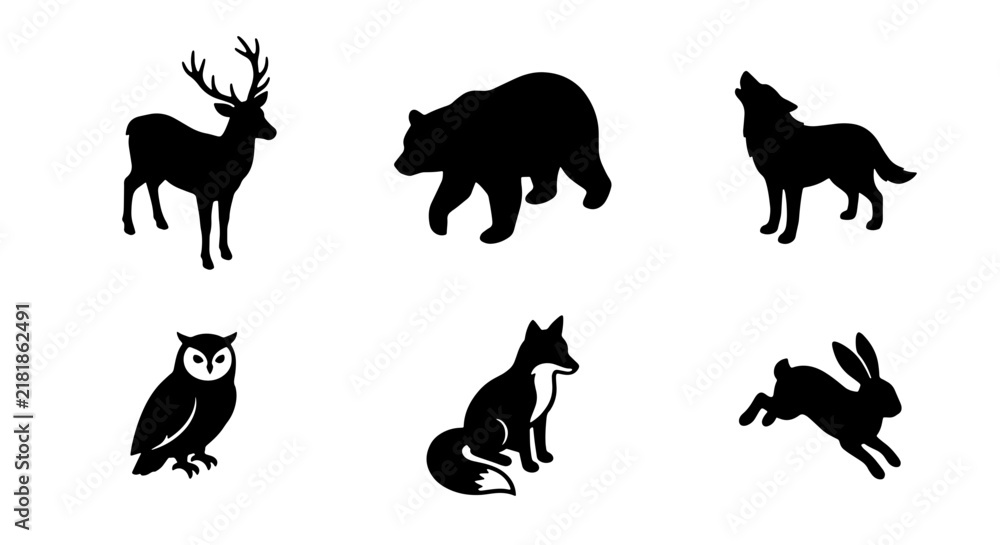 Fototapeta premium Wild Animal Silhouettes: Deer, Bear, Wolf, Owl, Fox, Rabbit Vector Icons