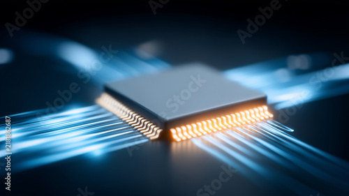Obraz na płótnie A microprocessor connected to streams of light represents high speed computing data processing and advanced semiconductor performance. 