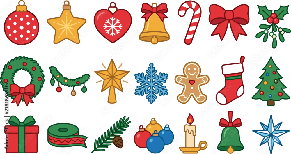 Fototapeta premium Set of festive christmas decorations and winter seasonal icons with christmas decoration
