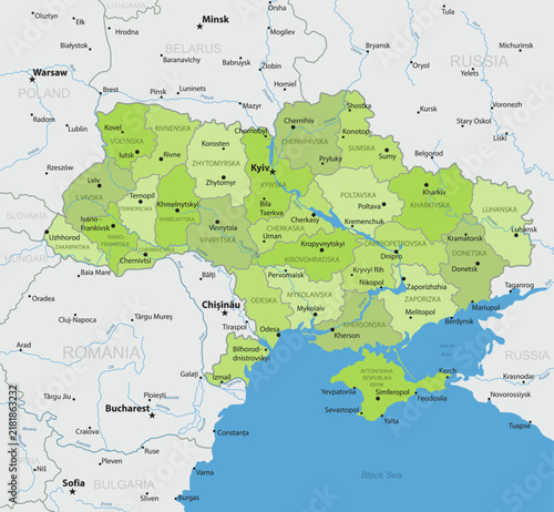 Ukraine - Detailed, modern map of the country with cities, capitals, internal territorial boundaries, and major water features.