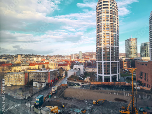 Bratislava cityscape with modern skyscrapers and construction site in Slovakia