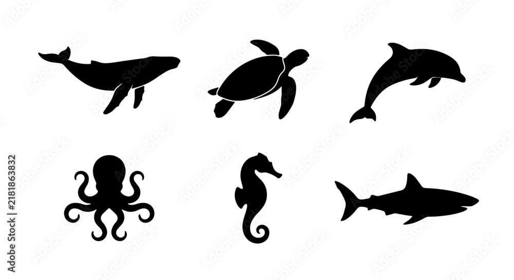 Fototapeta premium Ocean Wildlife Silhouettes: Whale, Turtle, Dolphin, Octopus, Seahorse, Shark Vector Icons
