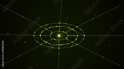 Abstract technology loop background featuring concentric elliptical orbits around a central glowing point.