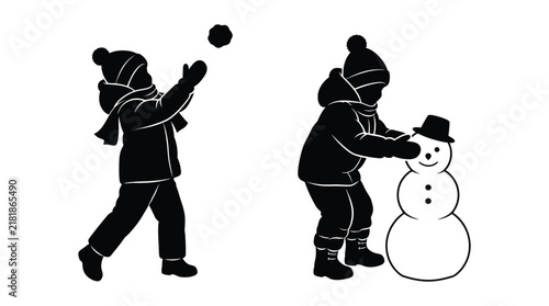 Child building a snowman and throwing snowball black silhouette illustration
