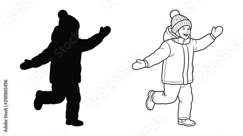 Child in winter clothing a silhouette and line drawing illustration
