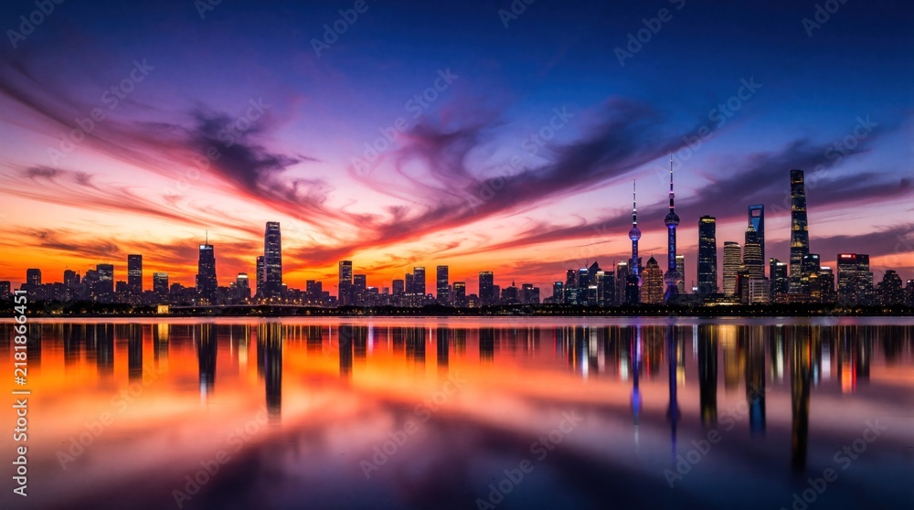 Fototapeta premium Vibrant city skyline at sunset with colorful clouds over calm river. Tall skyscrapers, modern towers reflect in water during twilight. Urban metropolis landscape shows dramatic sky, bright lights at