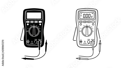 Foto Digital multimeters with probes are displayed on a white background