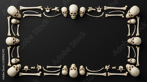 Naklejka Skeletal bones and human skulls forming a rectangular border on black background.