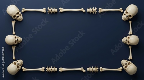 Human skulls and long bones arranged as rectangular frame on dark blue surface for dark academic design.